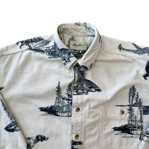 Vtg Eddie Bauer AOP Flannel Shirt Mens Large Wild Life Graphic Ivory Long Sleeve - Picture 3 of 13